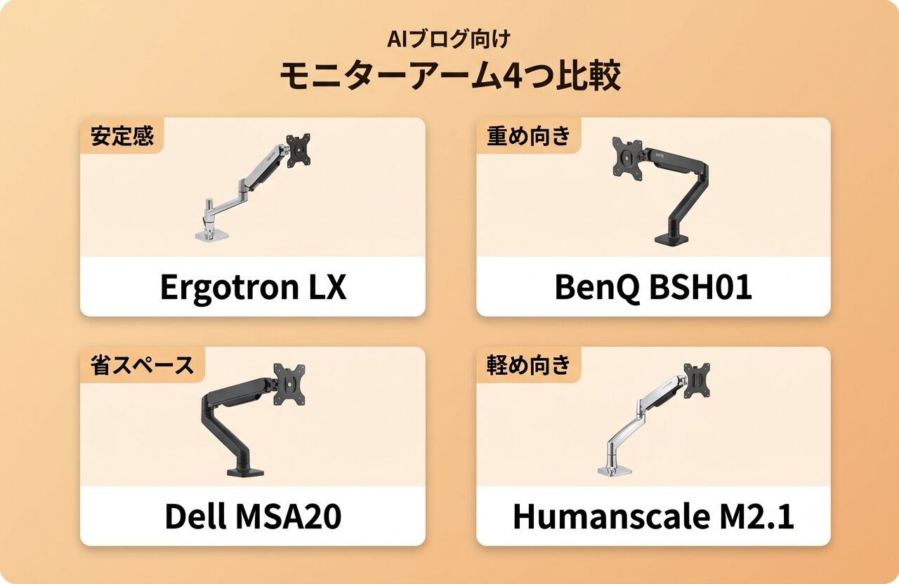 Ergotron LX、BenQ BSH01、Dell MSA20、Humanscale M2.1 の違いを役割別に並べた比較画像