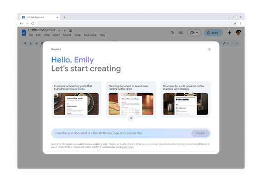 Gemini in Googleドキュメントのウェルカム画面を示すGoogle公式画像