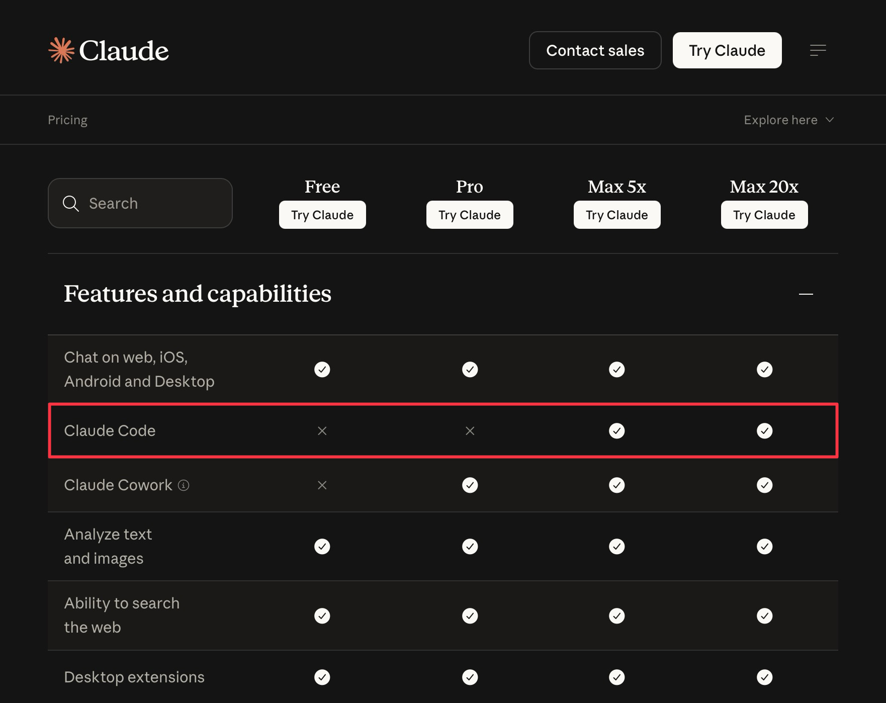 Claudeの料金ページ比較表で、ClaudeCodeの行ではProに印がなく、Max5xとMax20xにだけ印があるスクリーンショット