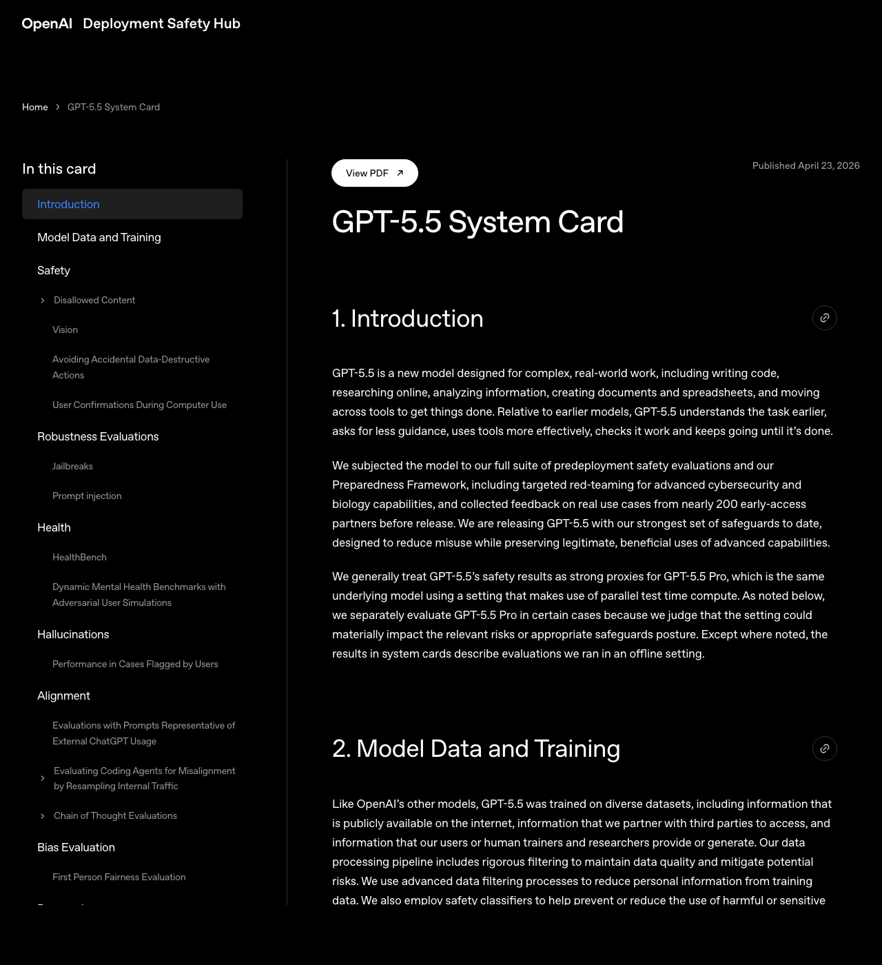 OpenAIのDeploymentSafetyHubに掲載されたGPT-5.5SystemCardの公式ページスクリーンショット