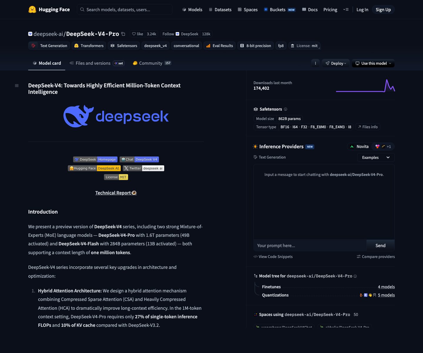 HuggingFaceで公開されているDeepSeekV4Proのモデルページ