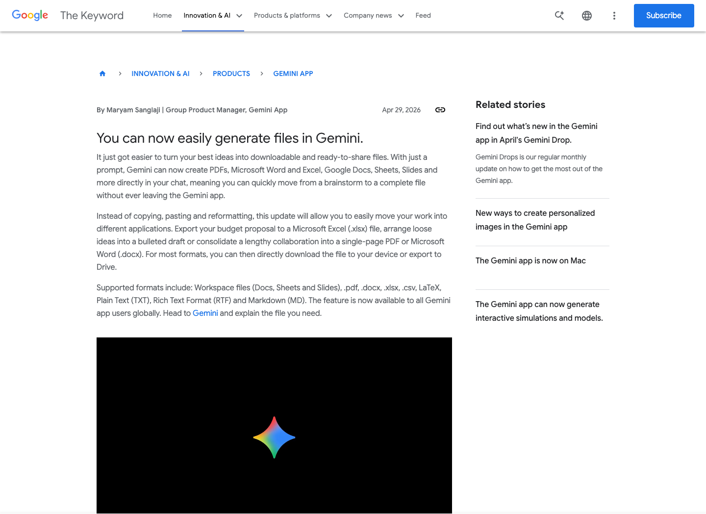 Google公式発表でGeminiがPDF、MicrosoftWord、Excel、Googleドキュメントなどをチャット内で作れると説明している画面