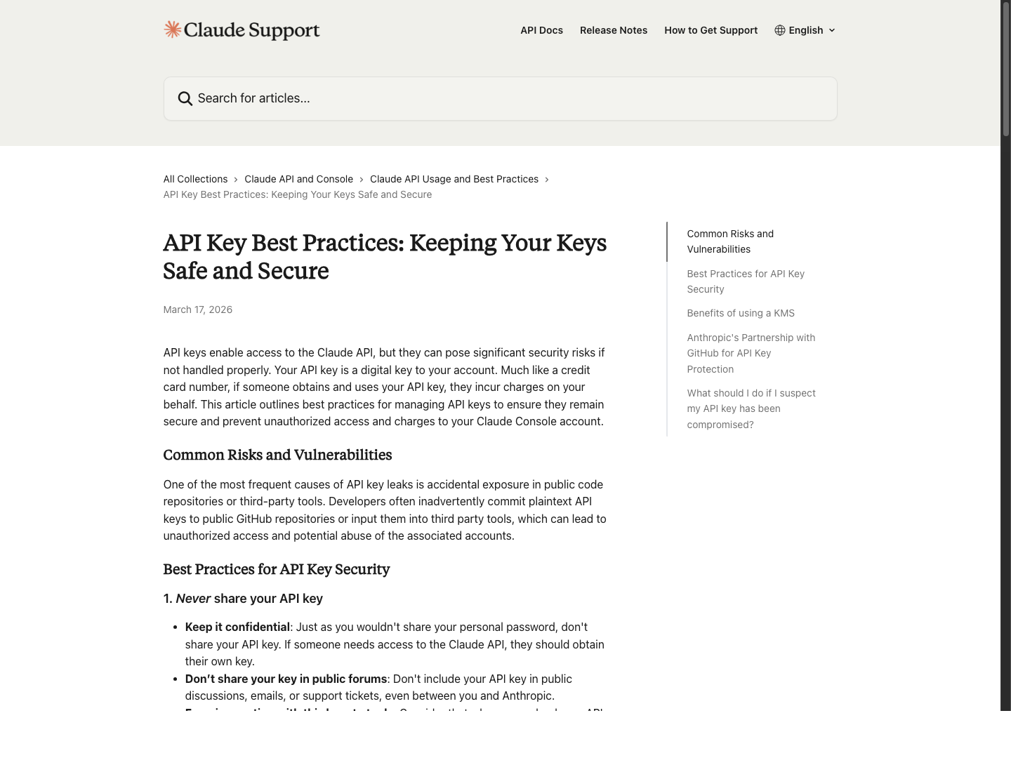 ClaudeSupportのAPIKeyBestPracticesページ