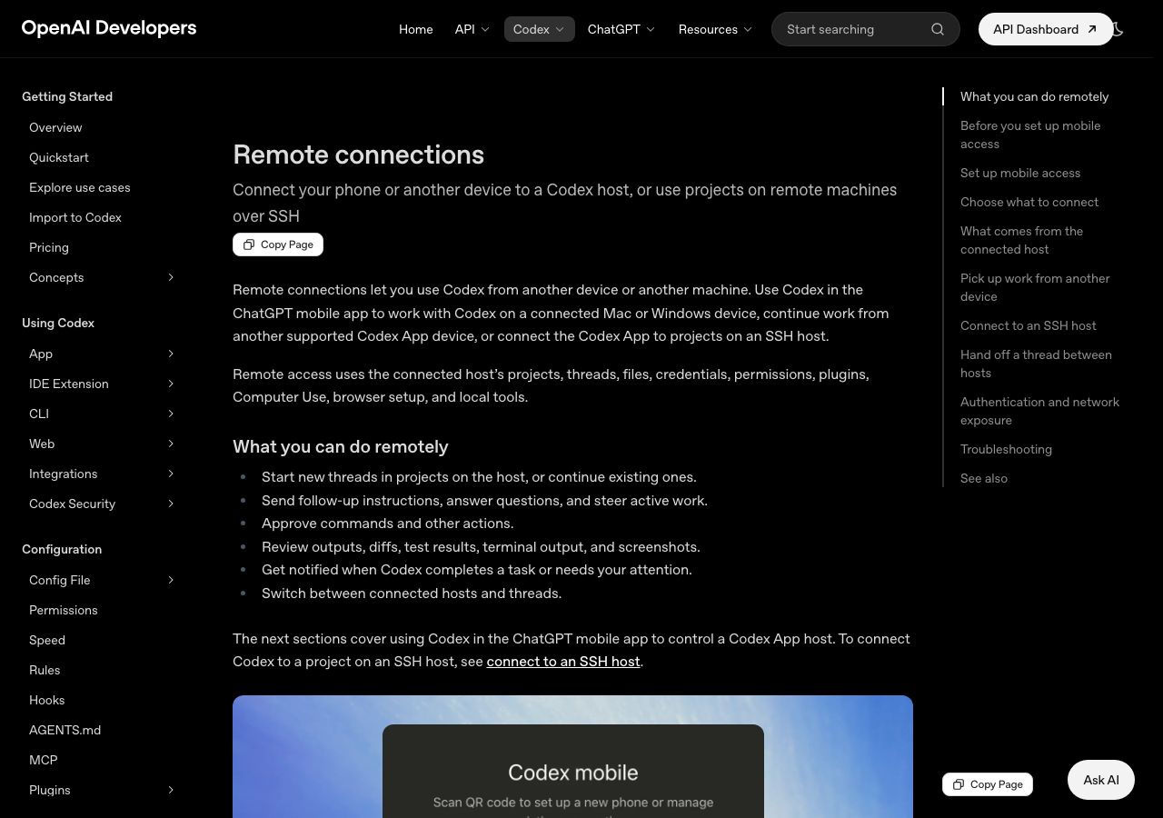 OpenAI DevelopersのCodexRemoteconnectionsドキュメント画面