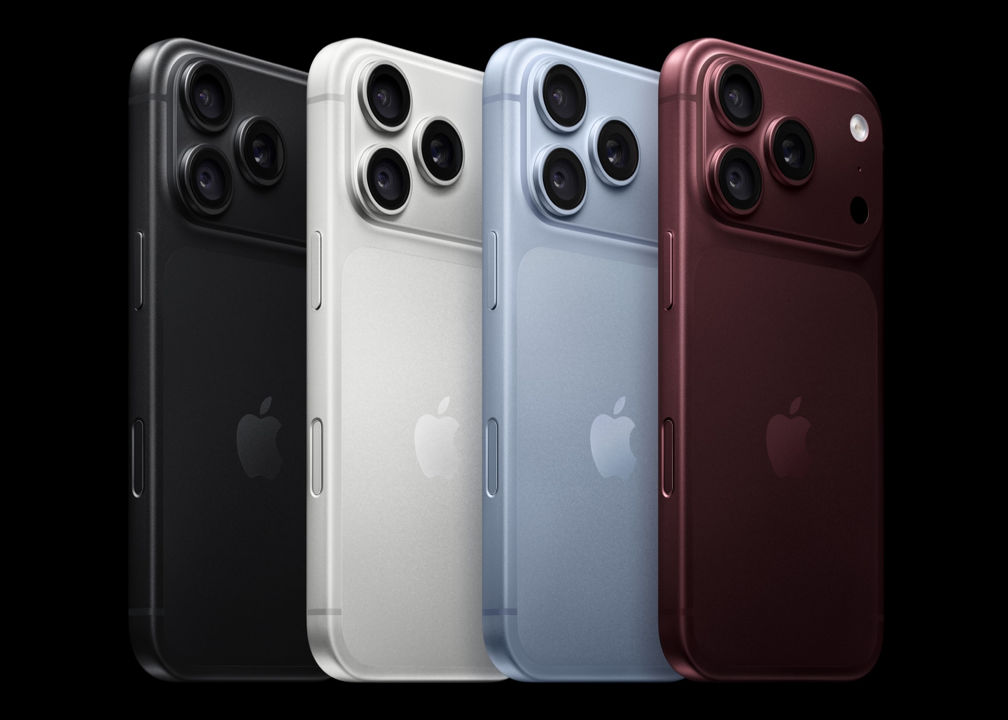 ブラック、シルバー、グレイシャー、バーガンディのiPhone 18 Pro公式画像